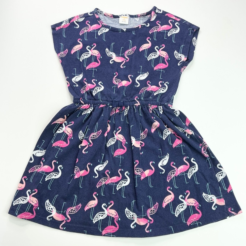 Gymboree Navy Blue Flamingo Dress Kids Size S 5-6 Cotton Jersey Cap Sleeve